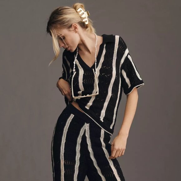 Central Park West | Striped Open-Stitch Striped Short-Sleeve Sweater | NWT - Picture 2 of 10